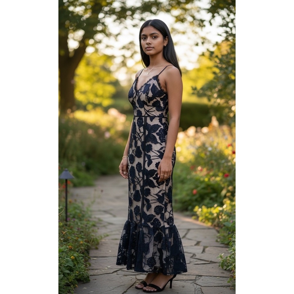 Lulus Navy Blue Floral Lace Mermaid Midi Dress V-Neck Ruffle Hem Small